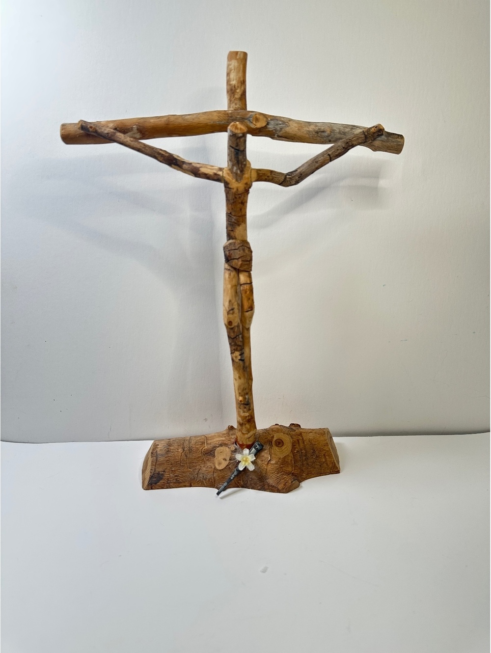 Primitive Crucifix Wooden Folk Art Tabletop Branches Carved Rustic Minimalist